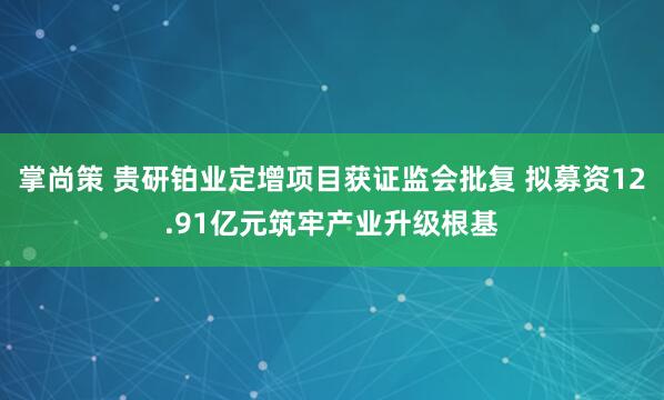 掌尚策 贵研铂业定增项目获证监会批复 拟募资12.91亿元筑牢产业升级根基